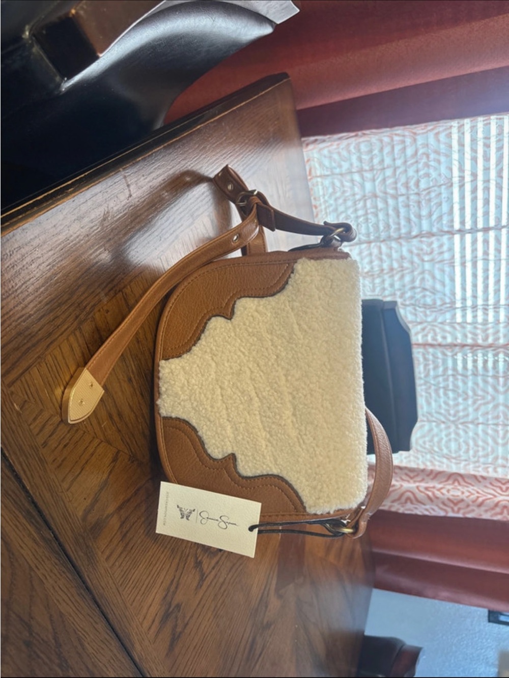 Jessica Simpson Tan and Cream Shearling Accent Crossbody Bag